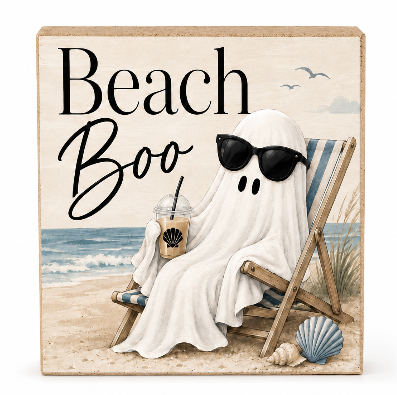 Square decorative sign with a beach scene and the words “Beach Boo,” showing a ghost in a white sheet lounging in a striped beach chair on the sand, wearing black sunglasses and holding an iced coffee. The sign has a light wood border and is photographed on a white background.