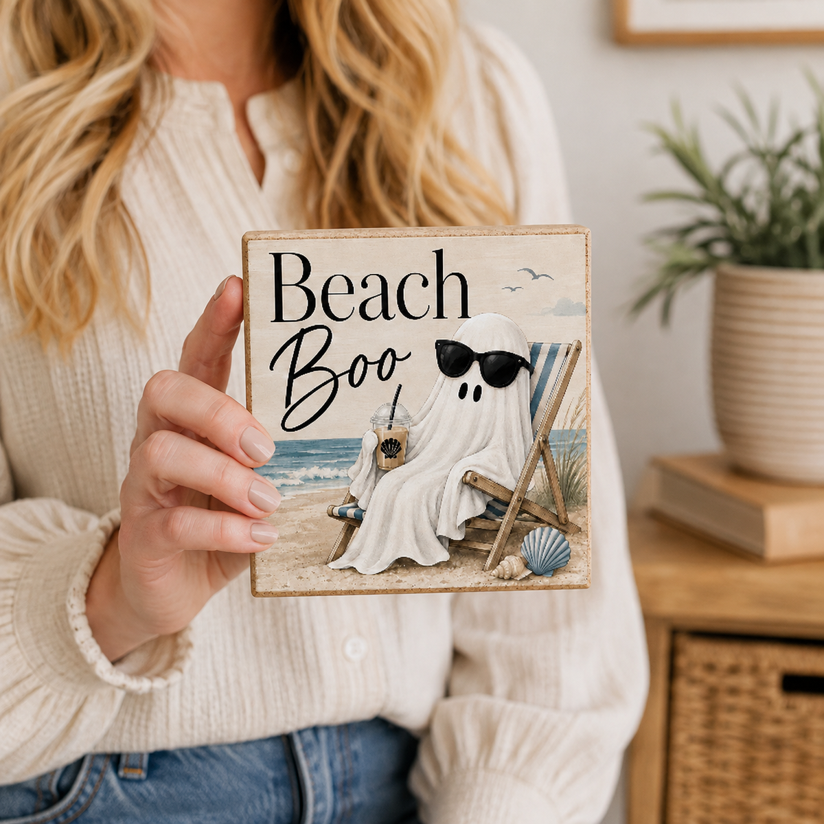 A woman in a cream ribbed sweater holds a square decorative sign featuring a beach scene with the text 'Beach Boo' and an illustration of a ghost in a deck chair wearing sunglasses.