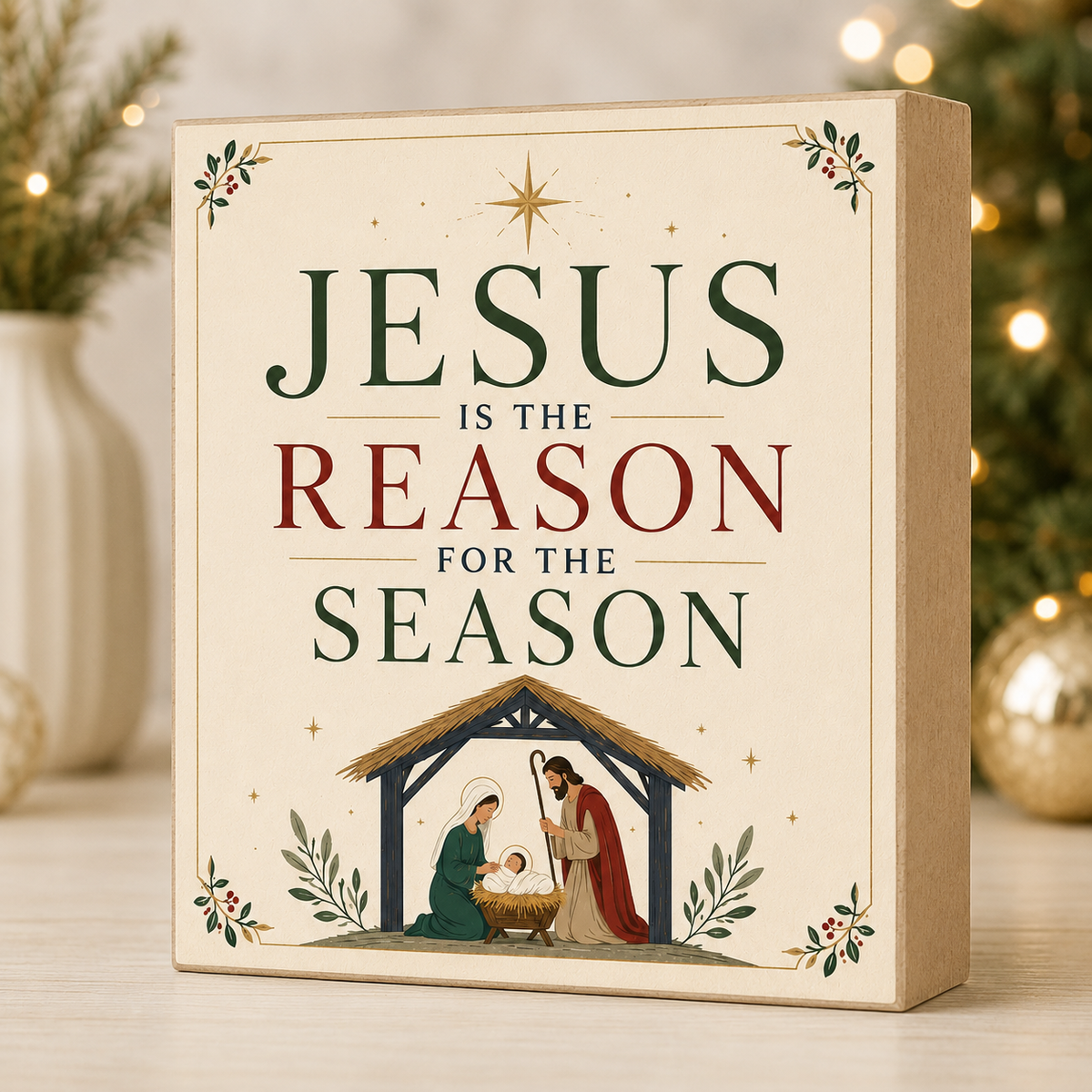 A square decorative sign or gift box with the phrase “JESUS IS THE REASON FOR THE SEASON” in large dark and muted red lettering, plus a small nativity illustration at the bottom. The item is photographed on a tabletop with blurred holiday lights and greenery in the background.
