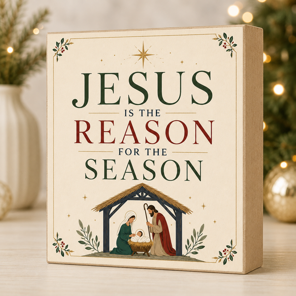 A square decorative sign or gift box with the phrase “JESUS IS THE REASON FOR THE SEASON” in large dark and muted red lettering, plus a small nativity illustration at the bottom. The item is photographed on a tabletop with blurred holiday lights and greenery in the background.