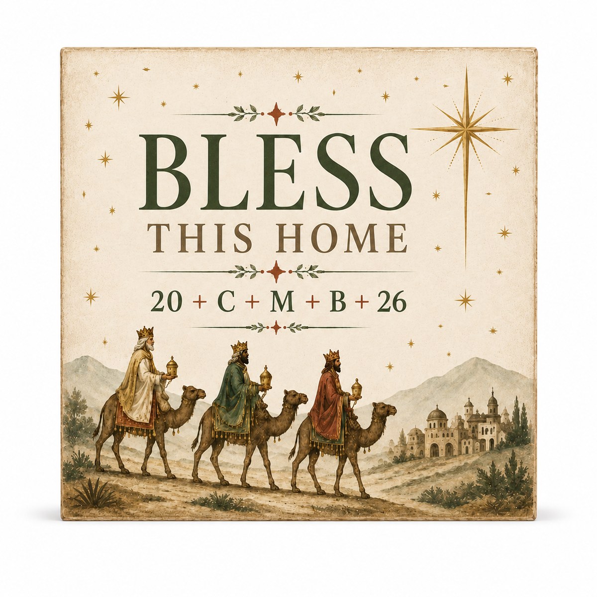 A square decorative sign with a vintage Christmas design. The sign features the text 'BLESS THIS HOME' and '20 + C + M + B + 26' in dark green and brown lettering on a warm beige background.