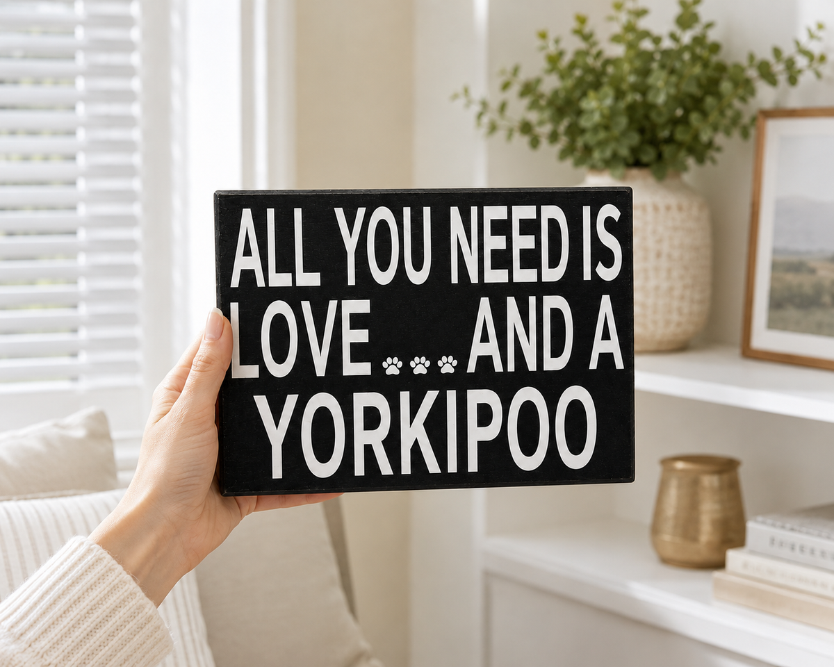 A hand holds a black rectangular sign with white text that reads 'ALL YOU NEED IS LOVE.