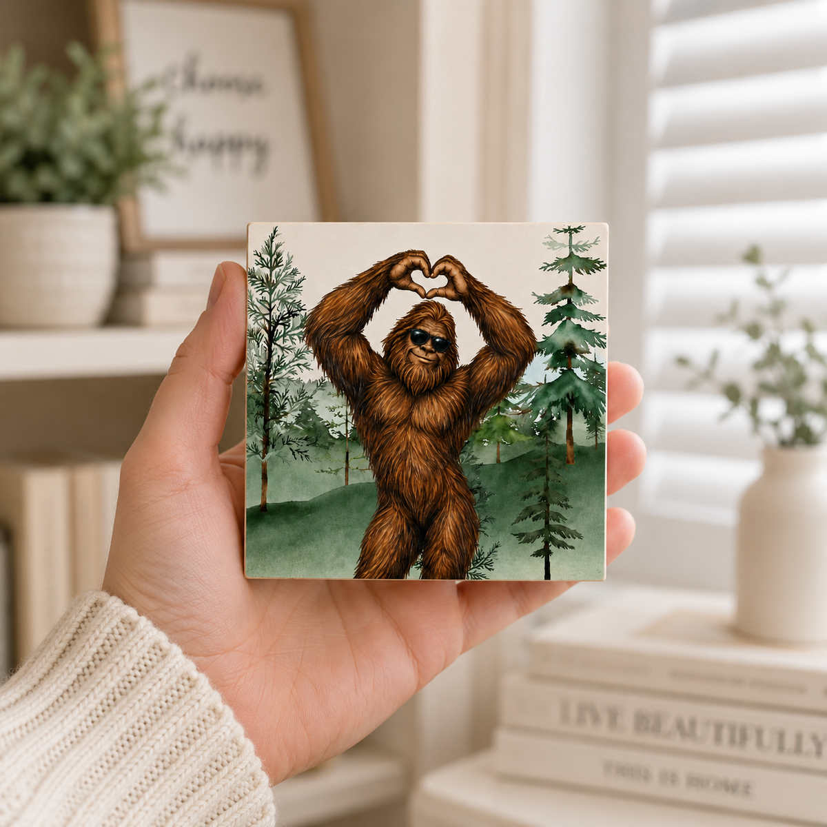 A hand holds a square ceramic tile coaster featuring an illustration of Bigfoot in a forest, with a heart-shaped tree silhouette in the background. The scene is set in a cozy, softly-lit room with books and plants.