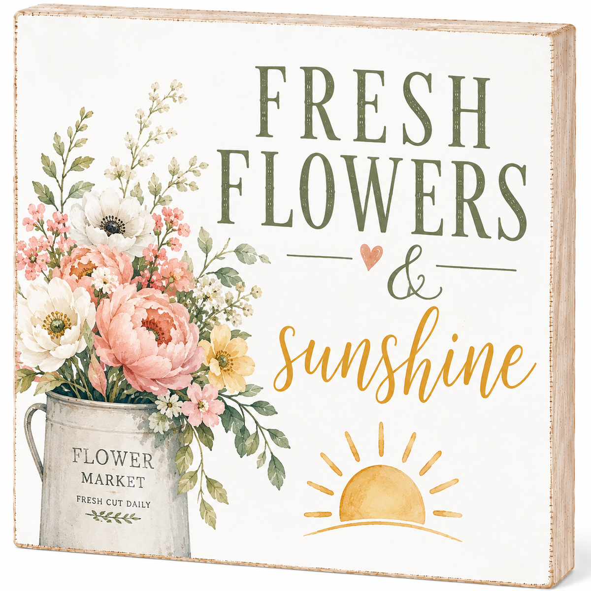 Decorative sign with flowers and 'Fresh Flowers & Sunshine' text on a white background