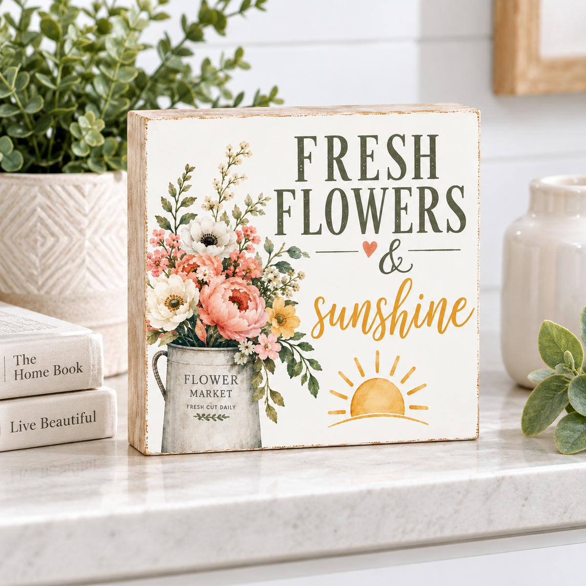A square decorative sign with a rustic cream background, featuring the text 'FRESH FLOWERS & sunshine' in dark green and gold lettering, alongside a floral bouquet in a metal canister and a yellow sun. The sign is styled on a white marble countertop next to books and potted plants.