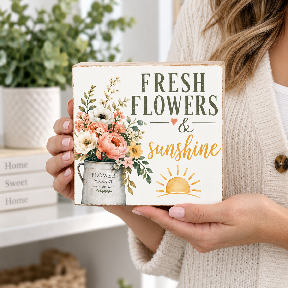 A person in a cream knit cardigan holds a decorative square sign that reads “FRESH FLOWERS & sunshine” with a floral bouquet illustration and a small sun graphic. The background shows a softly blurred home interior with shelves and plants.