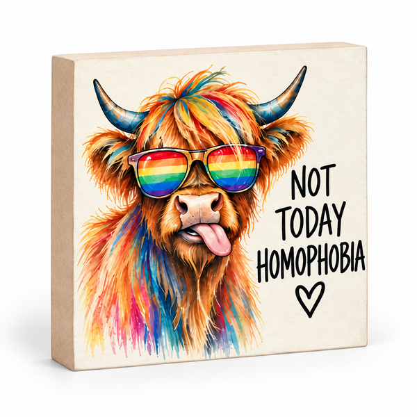 Not Today Homophobia Highland Cow LGBTQ+ Pride Block Sign – 5.5″ Square