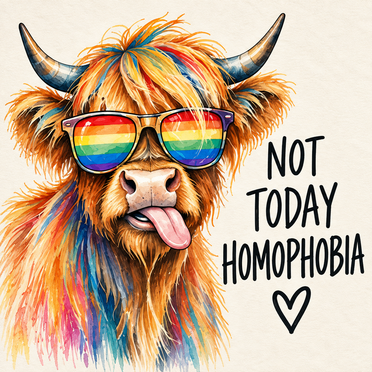 Not Today Homophobia Highland Cow LGBTQ+ Pride Block Sign – 5.5″ Square
