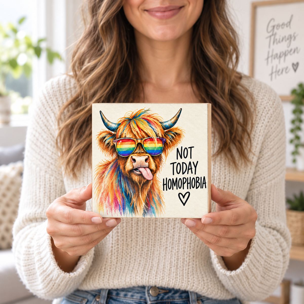 Not Today Homophobia Highland Cow LGBTQ+ Pride Block Sign – 5.5″ Square