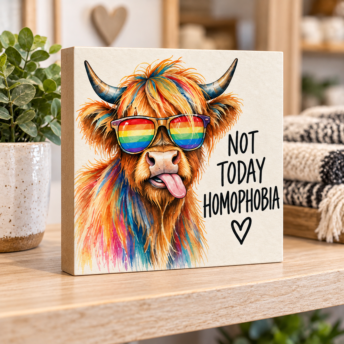 Not Today Homophobia Highland Cow LGBTQ+ Pride Block Sign – 5.5″ Square