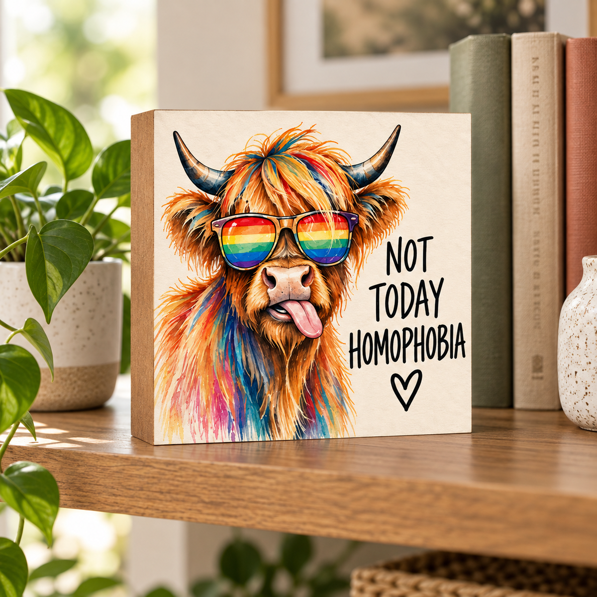 Not Today Homophobia Highland Cow LGBTQ+ Pride Block Sign – 5.5″ Square