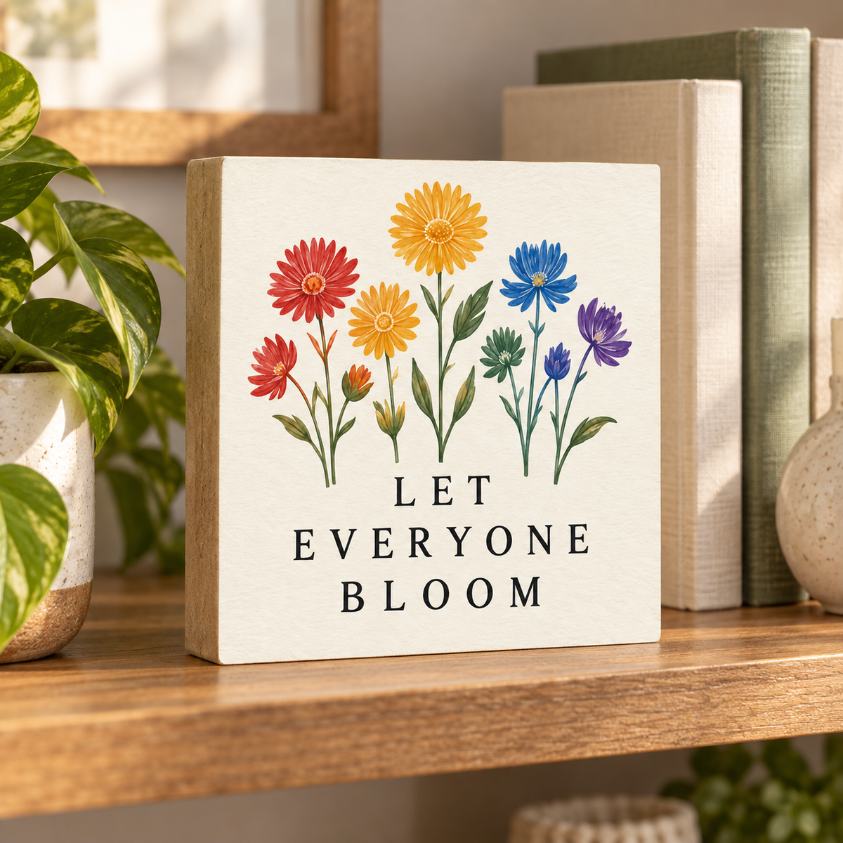 Let Everyone Bloom Colorful Wildflower Block Sign – 5.5″ Square