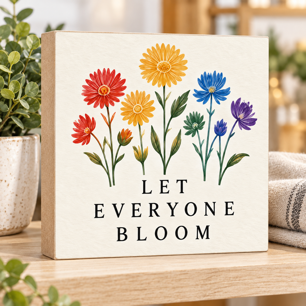 Let Everyone Bloom Colorful Wildflower Block Sign – 5.5″ Square