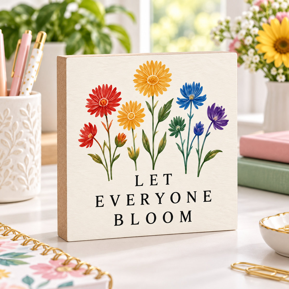 Let Everyone Bloom Colorful Wildflower Block Sign – 5.5″ Square