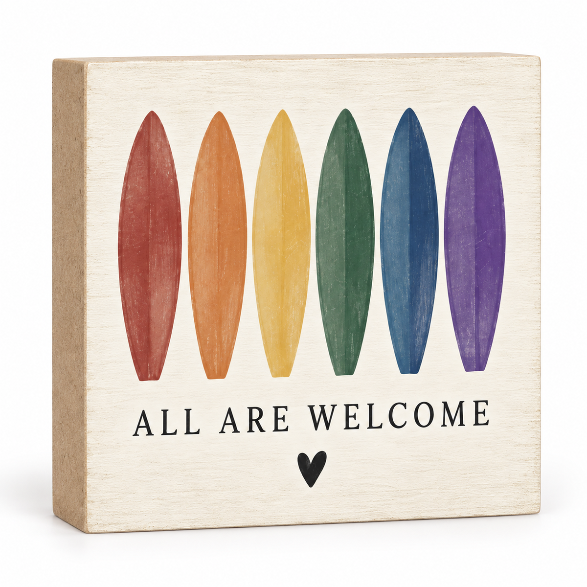 All Are Welcome Rainbow Surfboard Block Sign – 5.5-Inch Square Coastal LGBTQ+ Decor