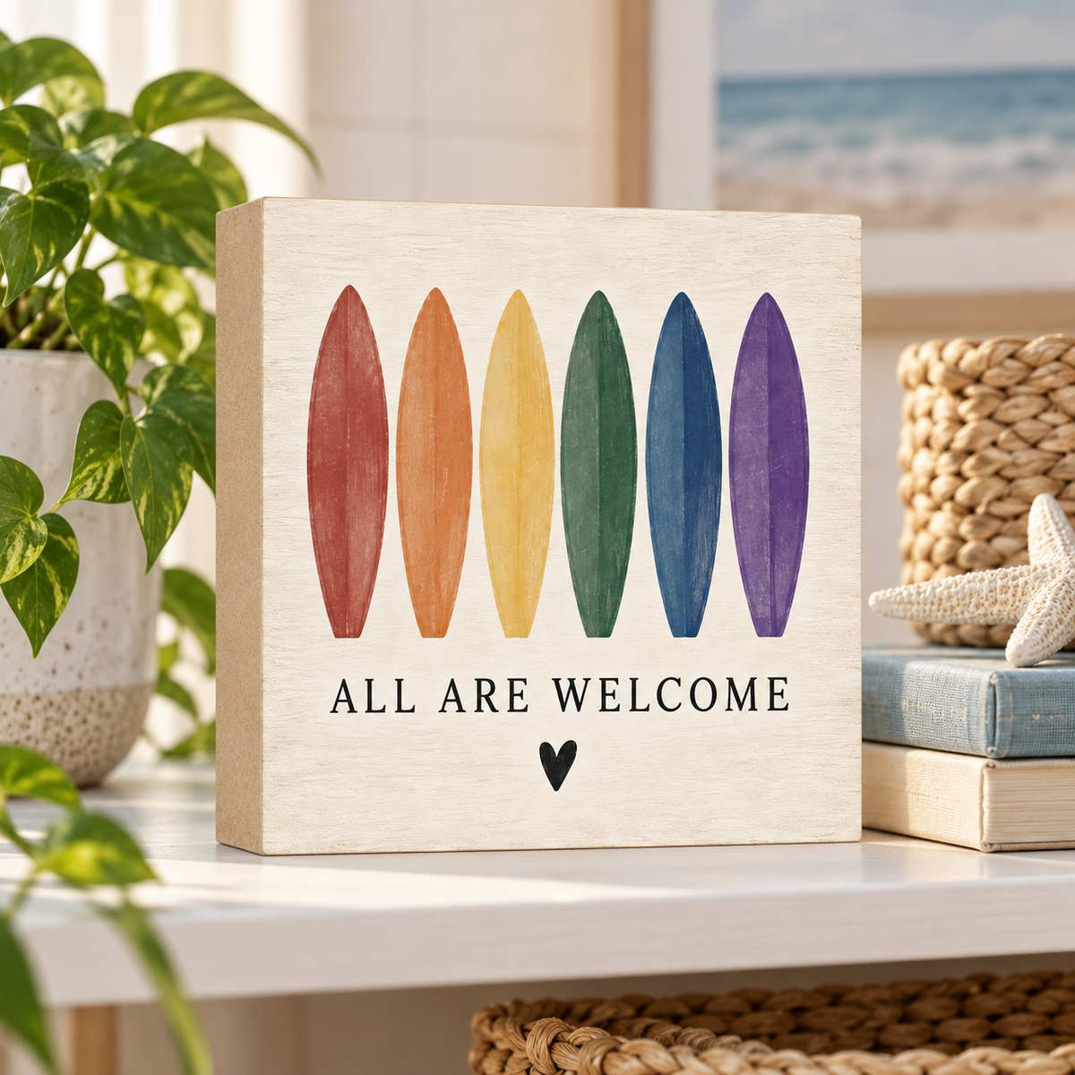 All Are Welcome Rainbow Surfboard Block Sign – 5.5-Inch Square Coastal LGBTQ+ Decor