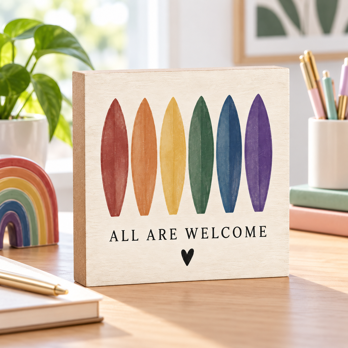 All Are Welcome Rainbow Surfboard Block Sign – 5.5-Inch Square Coastal LGBTQ+ Decor