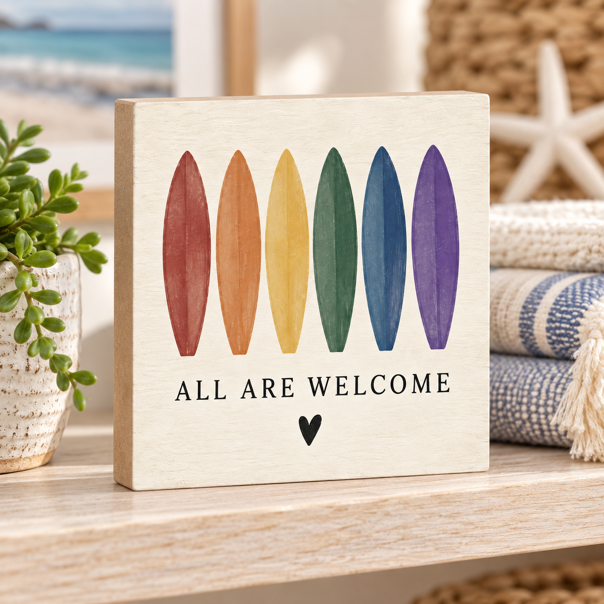 All Are Welcome Rainbow Surfboard Block Sign – 5.5-Inch Square Coastal LGBTQ+ Decor