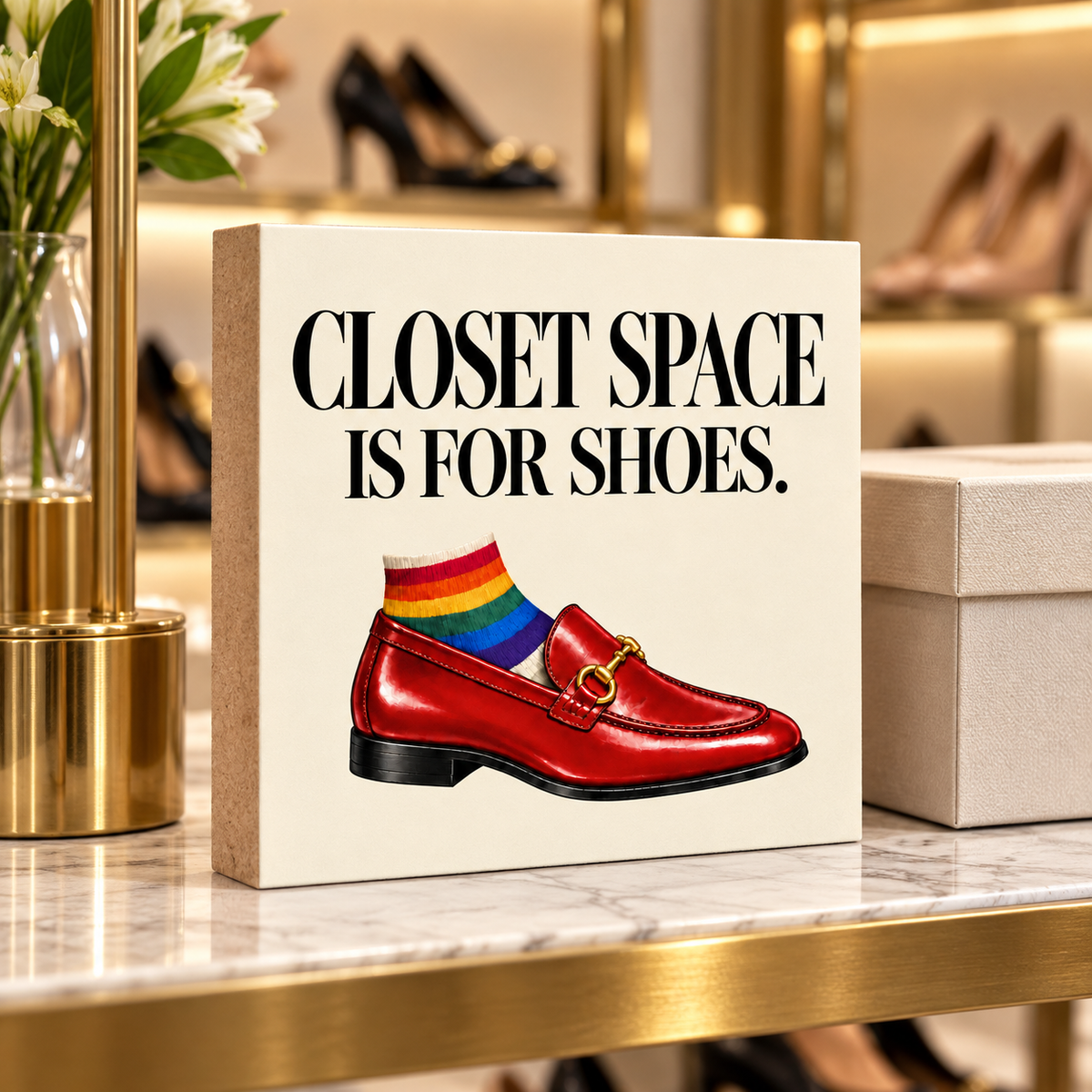 Closet Space Is for Shoes Funny Pride Block Sign – 5.5-Inch Square LGBTQ+ Fashion Decor