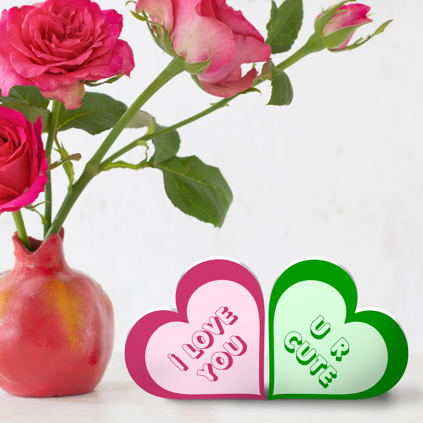 Valentine’s Day Decorations – 5-Piece Conversation Candy Heart Decor, 4 Inch Wooden Hearts with Funny Sayings for Mantel, Shelf and Tabletop