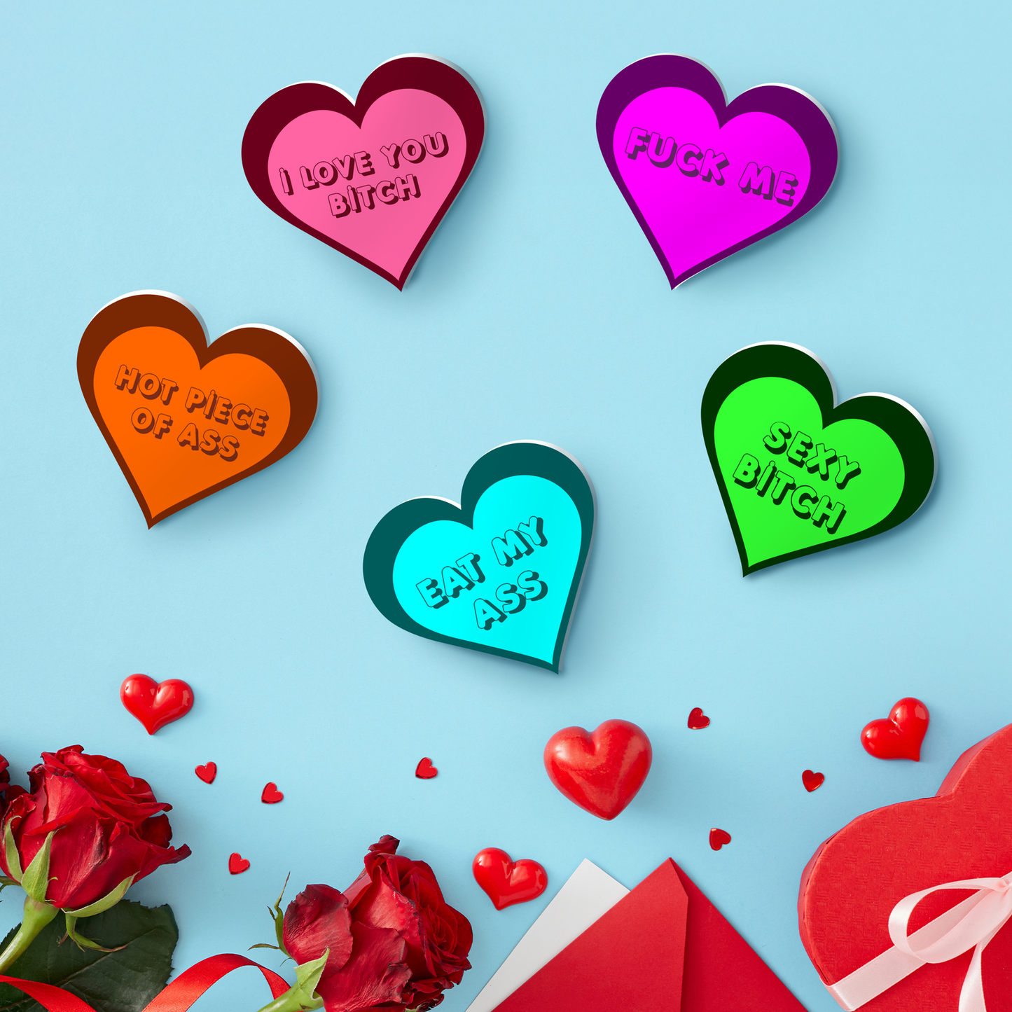 Valentine’s Day Sassy Conversation Hearts Set of 5, Adult Humor Tabletop Decor