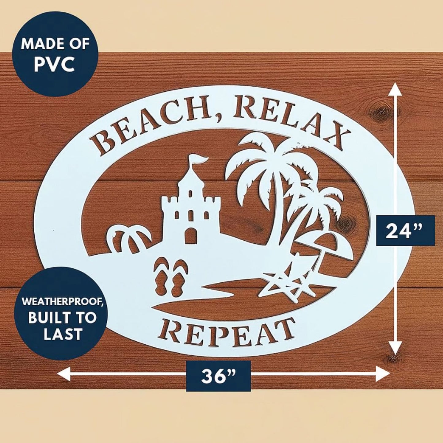 Beach House Sign – Beach Relax Repeat PVC Wall Art, Coastal Outdoor Decor