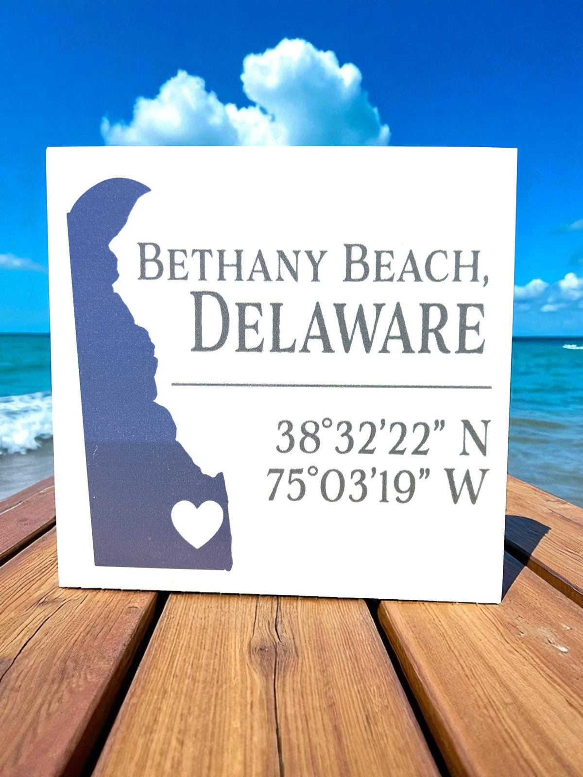 Bethany Beach Delaware Coordinates Sign Wood Shelf Sitter or Wall Hanging