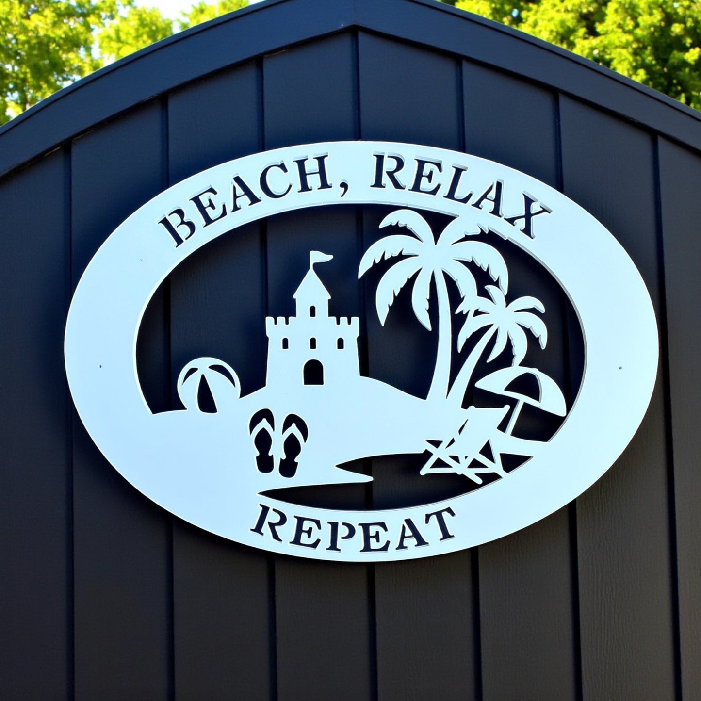 Beach House Sign – Beach Relax Repeat PVC Wall Art, Coastal Outdoor Decor