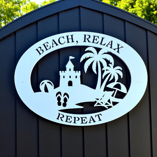 Beach House Sign – Beach Relax Repeat PVC Wall Art, Coastal Outdoor Decor