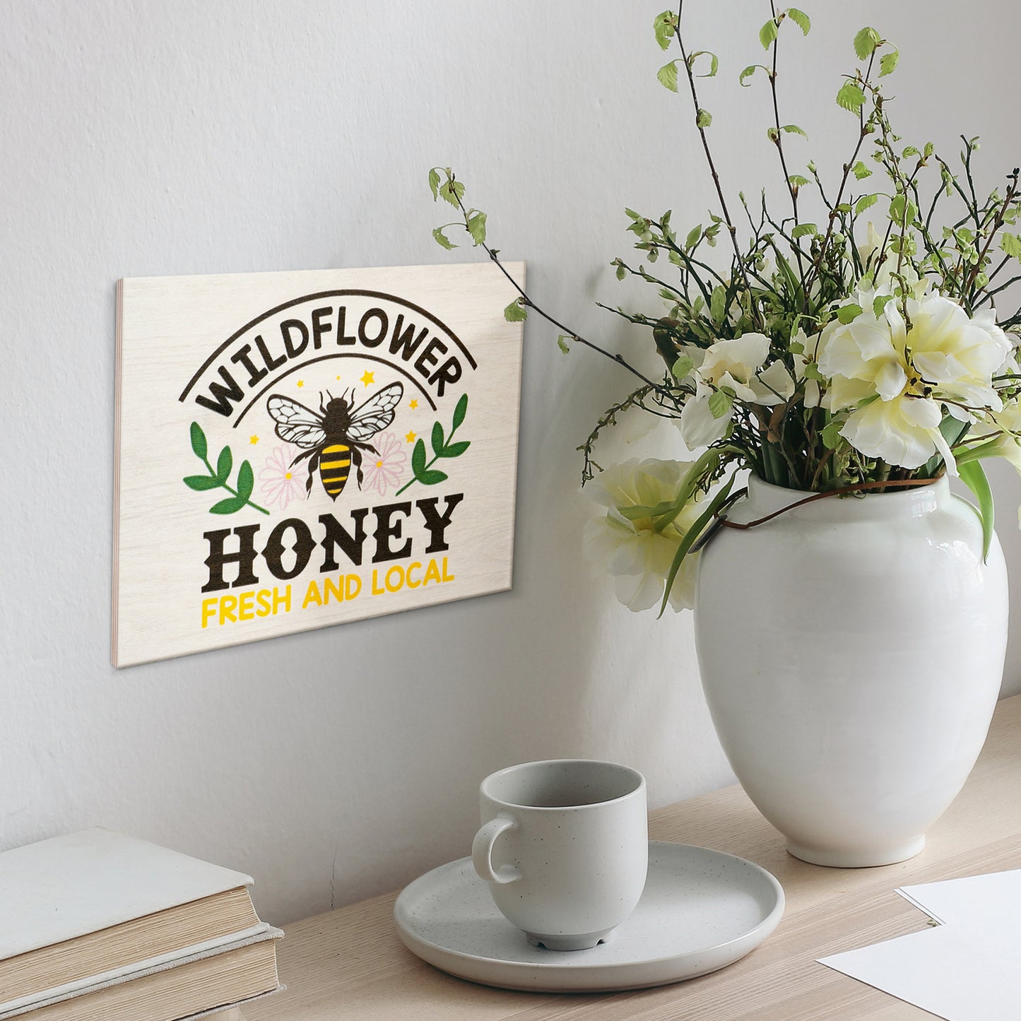 JennyGems Spring Decor, Wildflower Honey Bee Wooden Sign, Spring Wall Art