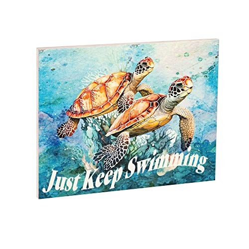 JennyGems Sea Turtle Decor, Just Keep Swimming Wooden Sign, Inspirational Quote