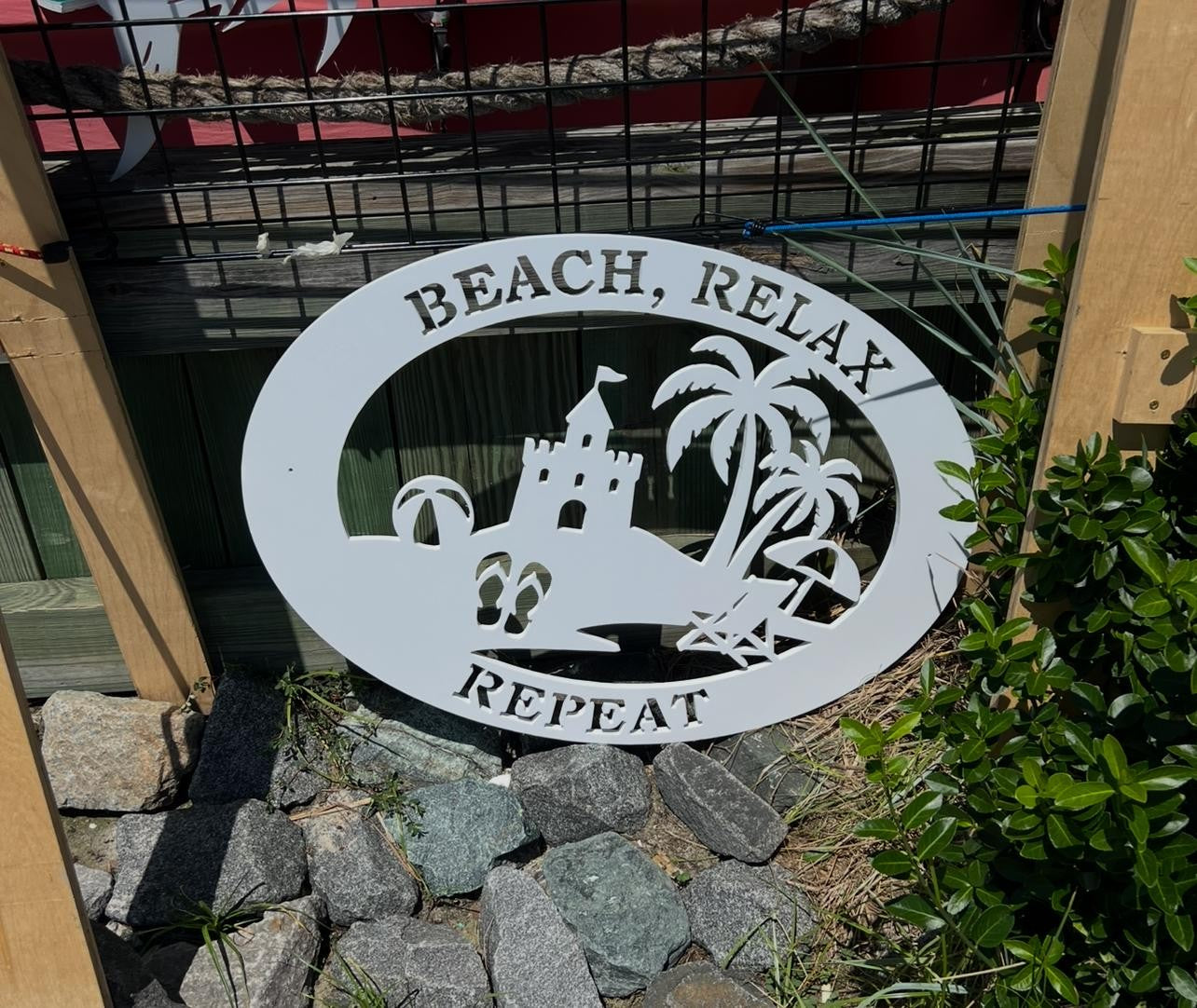 Beach House Sign – Beach Relax Repeat PVC Wall Art, Coastal Outdoor Decor