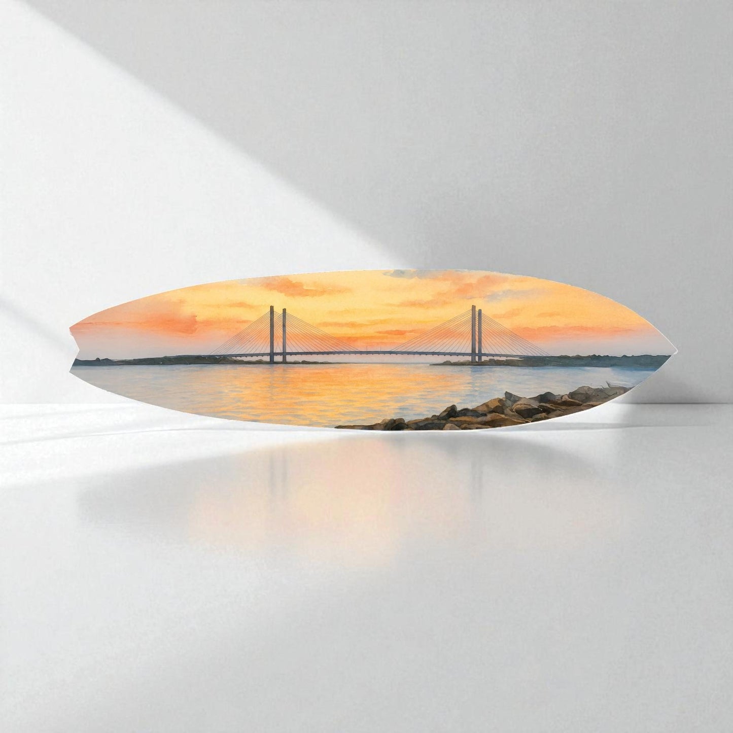 Indian River Bridge Surfboard Wall Art, Delaware Watercolor Coastal Décor