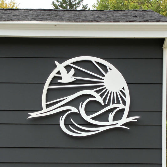 Sun & Waves Coastal Wall Art, PVC Beach House Sign, Seagull Ocean Decor