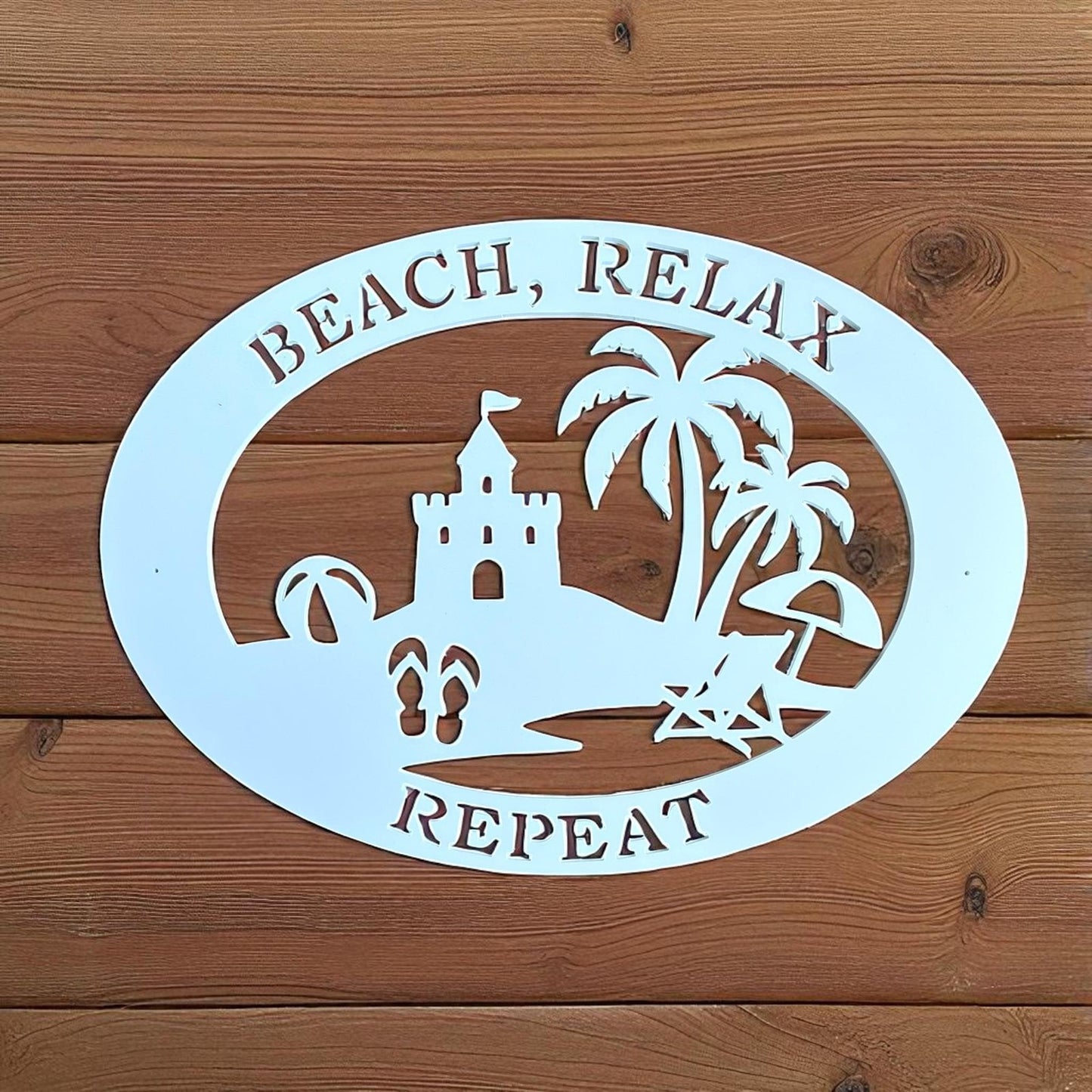 Beach House Sign – Beach Relax Repeat PVC Wall Art, Coastal Outdoor Decor