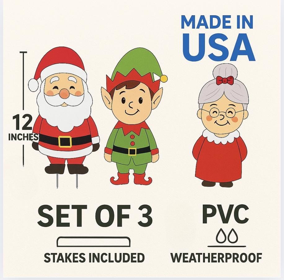Christmas Yard Stakes Set of 3, Santa, Elf & Mrs. Claus, Outdoor Lawn Decor