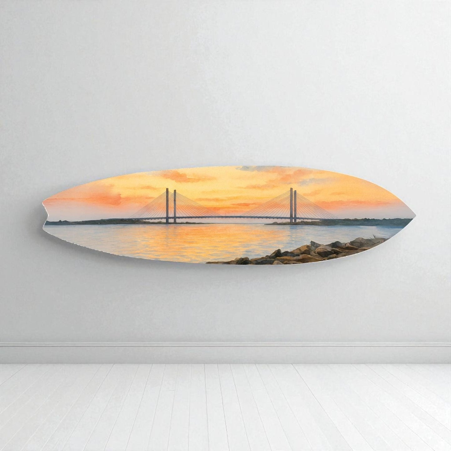 Indian River Bridge Surfboard Wall Art, Delaware Watercolor Coastal Décor