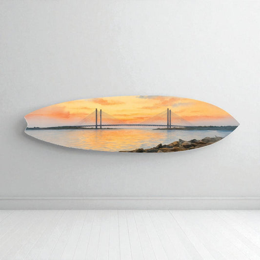 Indian River Bridge Surfboard Wall Art, Delaware Watercolor Coastal Décor