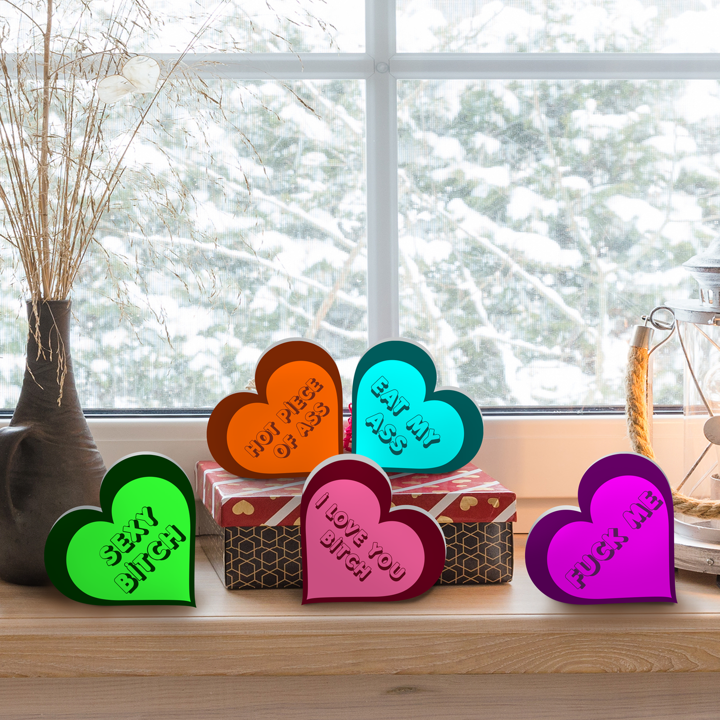 Valentine’s Day Sassy Conversation Hearts Set of 5, Adult Humor Tabletop Decor
