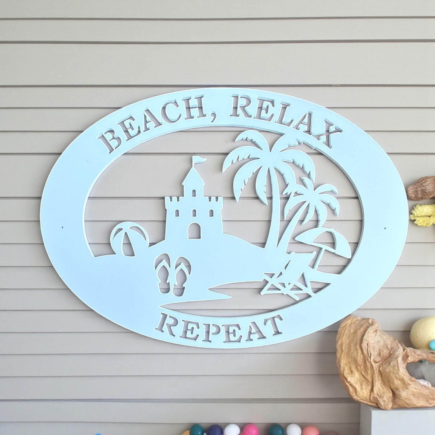 Beach House Sign – Beach Relax Repeat PVC Wall Art, Coastal Outdoor Decor
