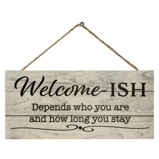 JennyGems Welcome Sign For Front Door, Welcome-ish Funny Front Door Sign (Grey)