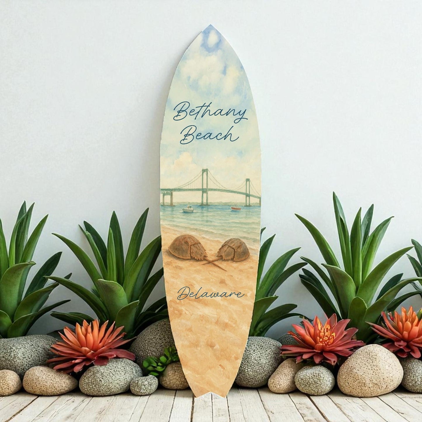 Bethany Beach Surfboard Wall Art, Coastal Decor, Indian River Bridge Background