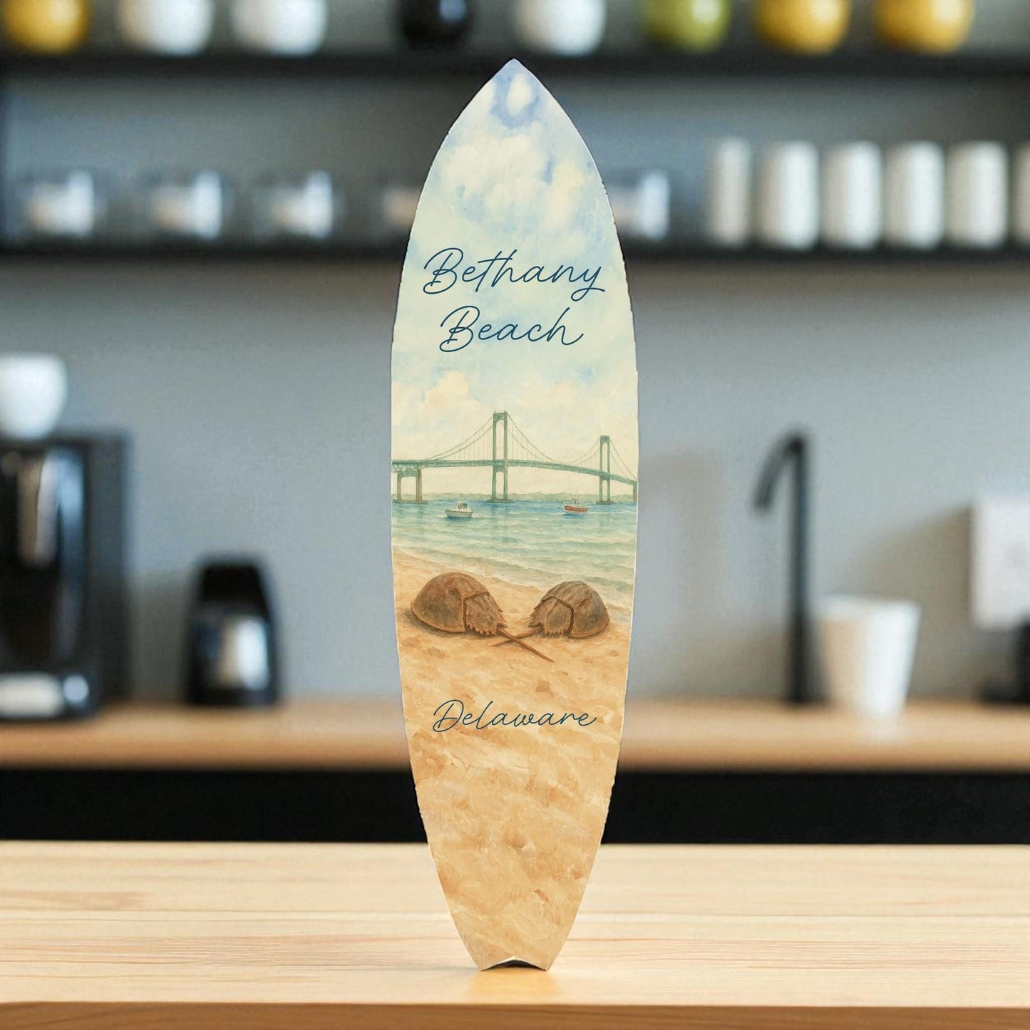 Bethany Beach Surfboard Wall Art, Coastal Decor, Indian River Bridge Background