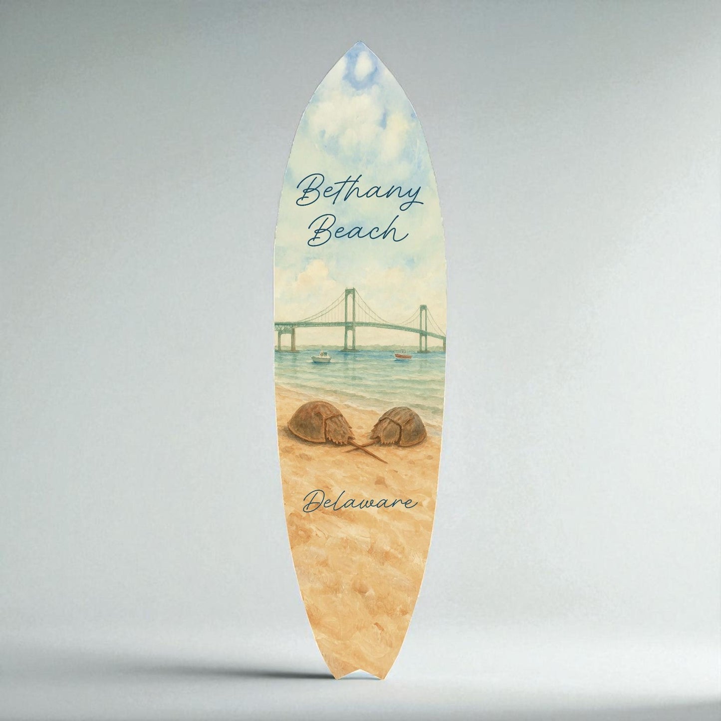 Bethany Beach Surfboard Wall Art, Coastal Decor, Indian River Bridge Background