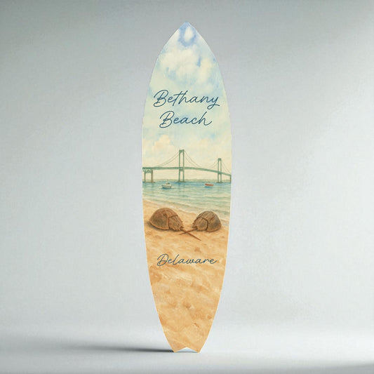 Bethany Beach Surfboard Wall Art, Coastal Decor, Indian River Bridge Background