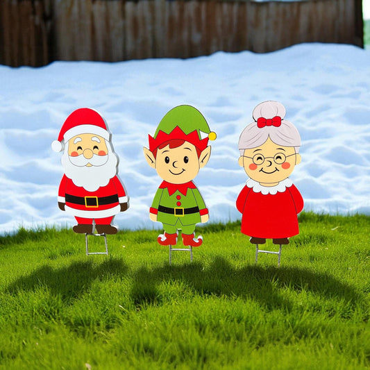 Christmas Yard Stakes Set of 3, Santa, Elf & Mrs. Claus, Outdoor Lawn Decor