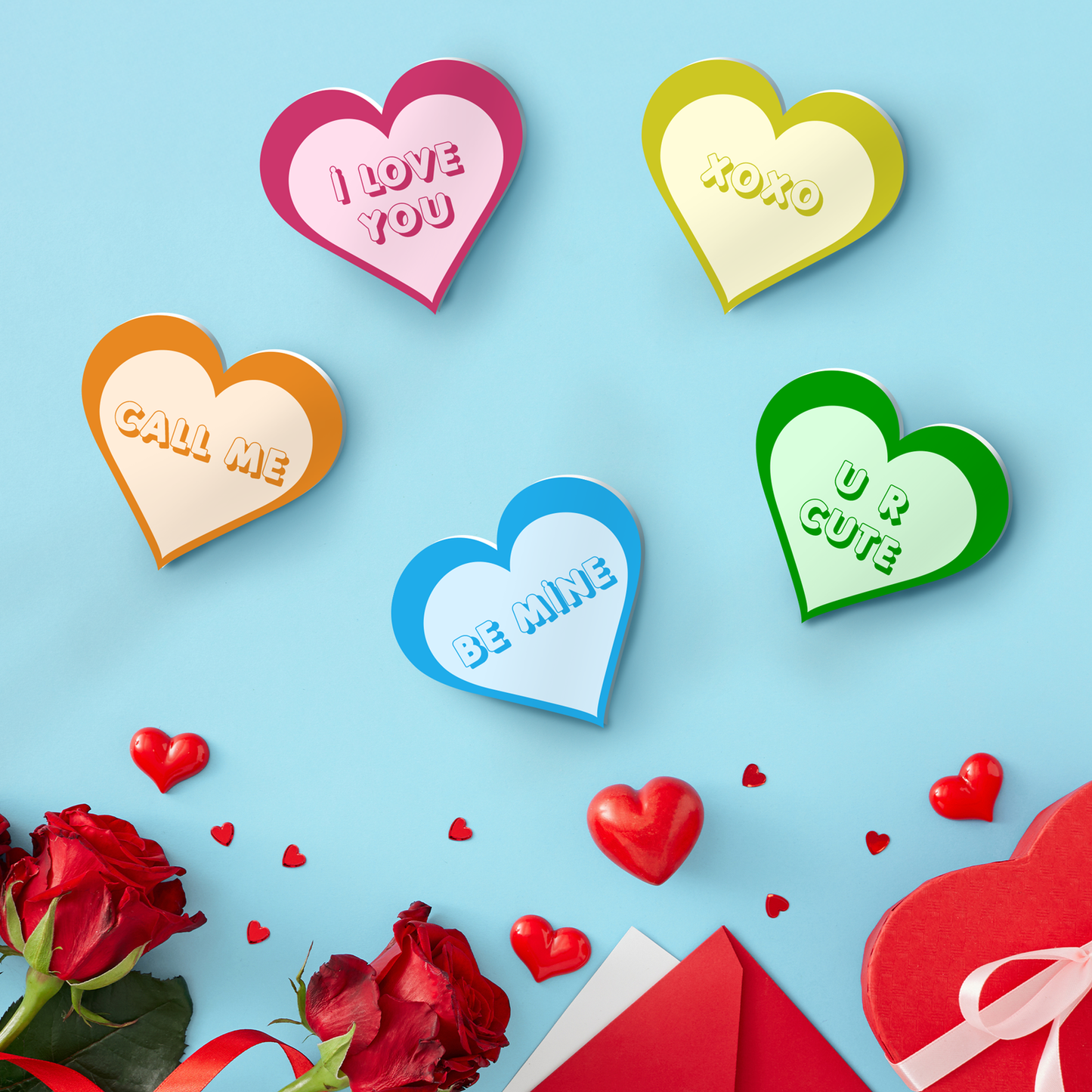 Valentine’s Day Decorations – 5-Piece Conversation Candy Heart Decor, 4 Inch Wooden Hearts with Funny Sayings for Mantel, Shelf and Tabletop