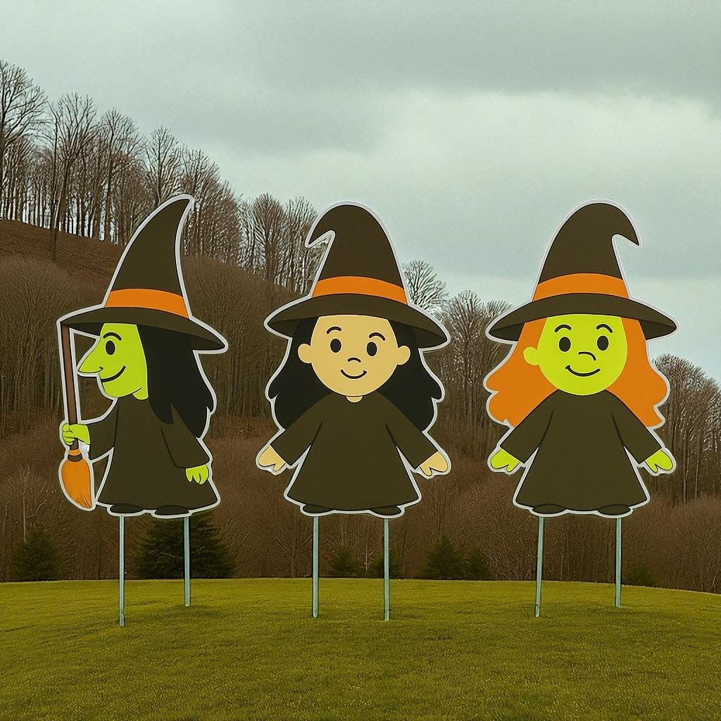 Set of 3 Halloween Witch Yard Stakes – 12” PVC Lawn Decorations, Cute Witches