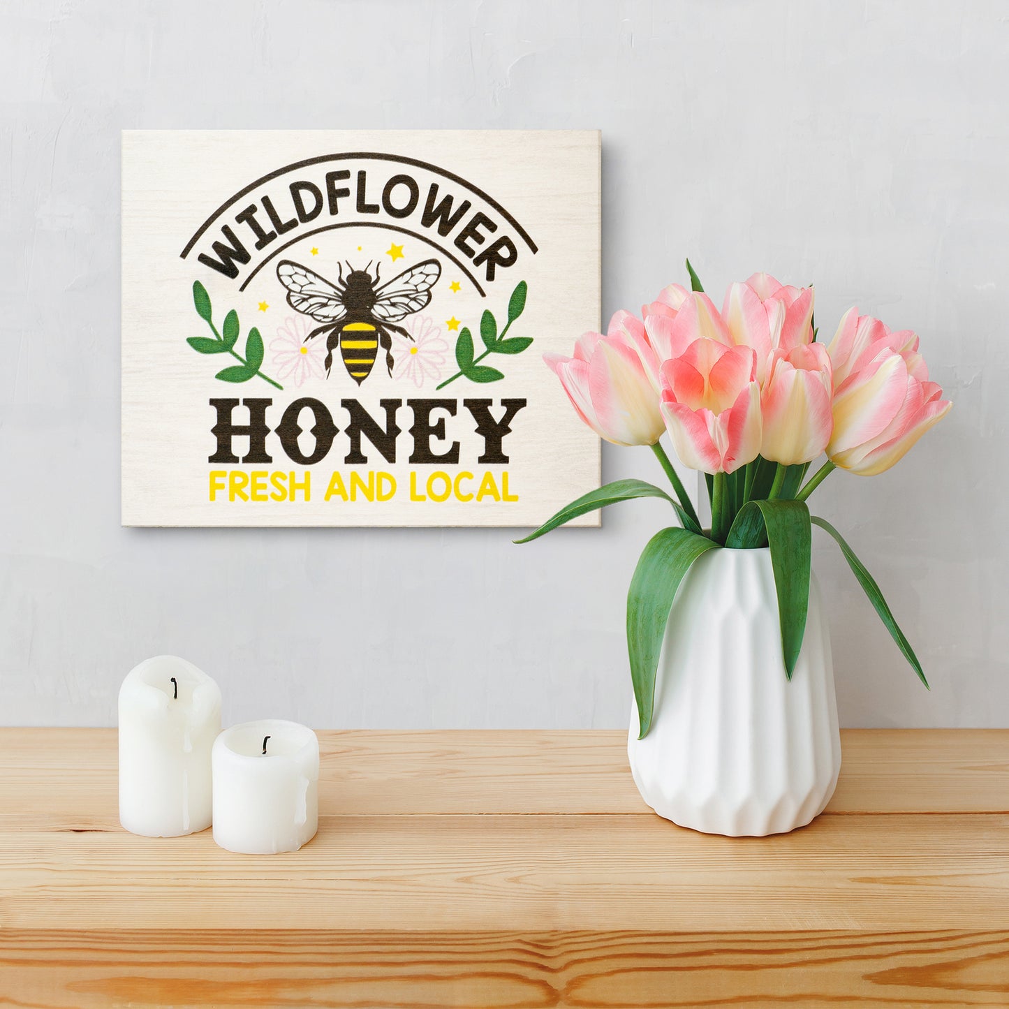 JennyGems Spring Decor, Wildflower Honey Bee Wooden Sign, Spring Wall Art