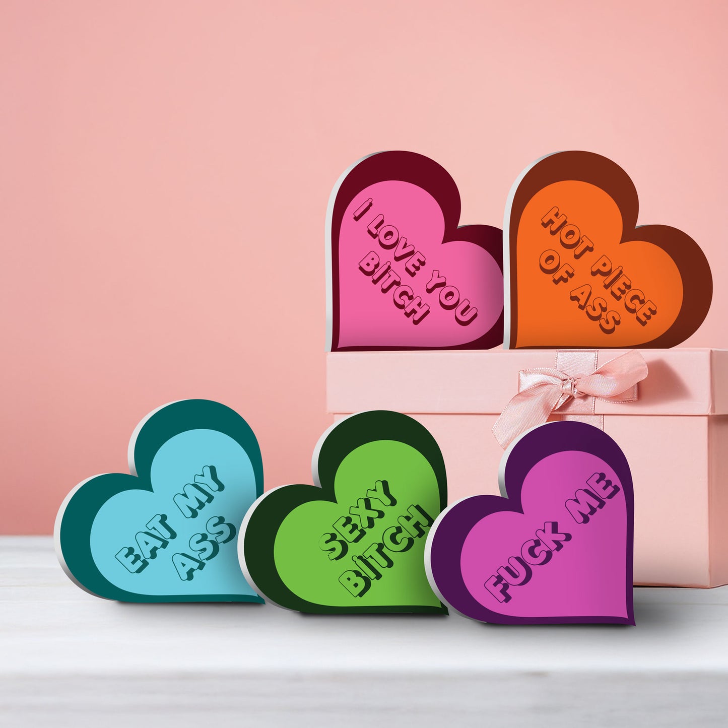 Valentine’s Day Sassy Conversation Hearts Set of 5, Adult Humor Tabletop Decor